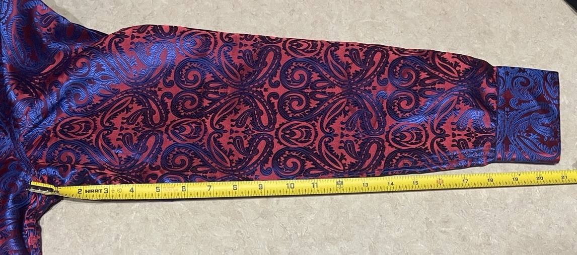 Barry Wang Men’s Red & Blue Paisley Silk Button Down Front Dress Shirt Sz M