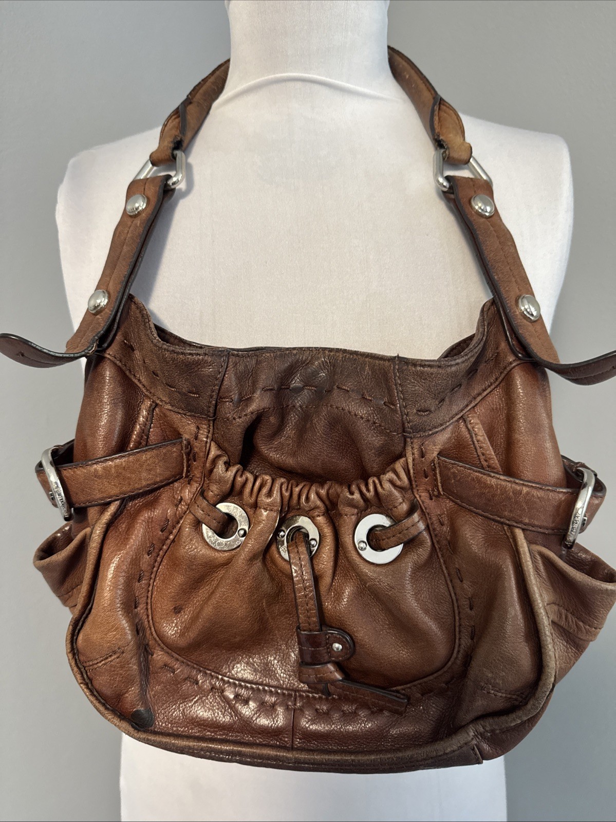 B. Makowsky Brown Leather Shoulder Bag Great Distressed Patina No Rips/Tears