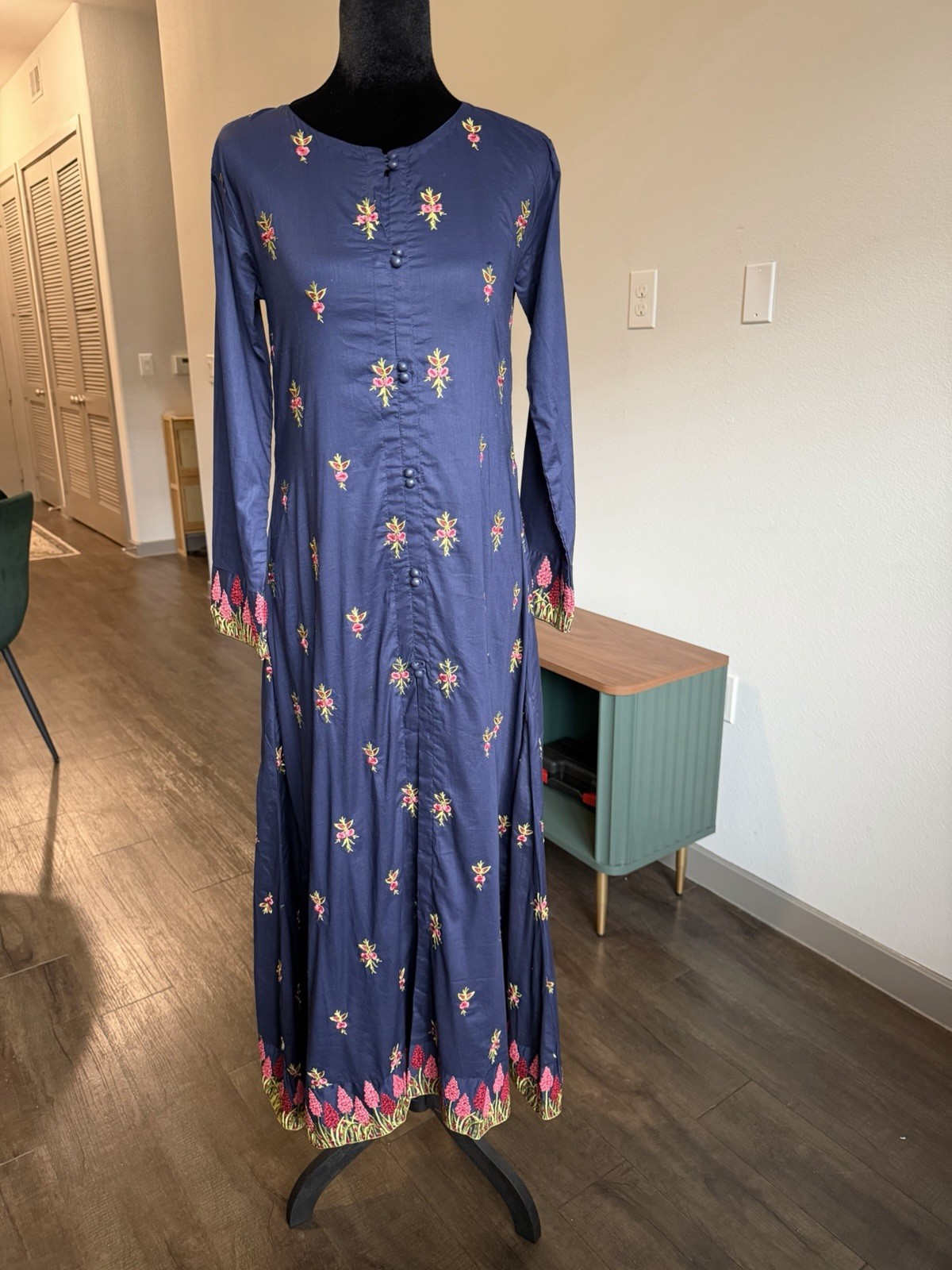 Navy Blue Cotton Lawn Embroidered Dress – Floral Pink & Green Design- XS