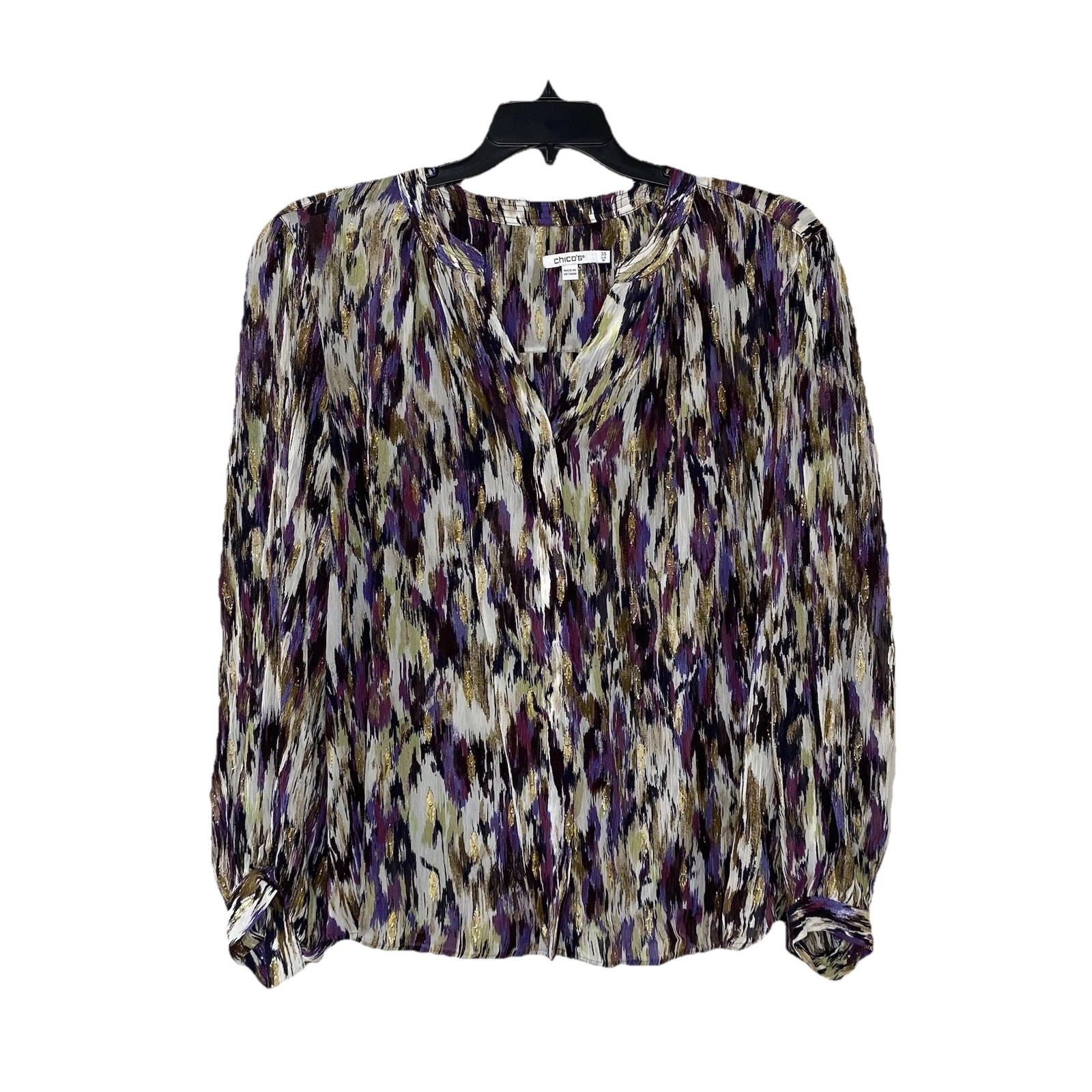 Chicos Purple Metallic Button Up Shirt Crinkled Semi-sheer Lightweight Sz 3.5/18