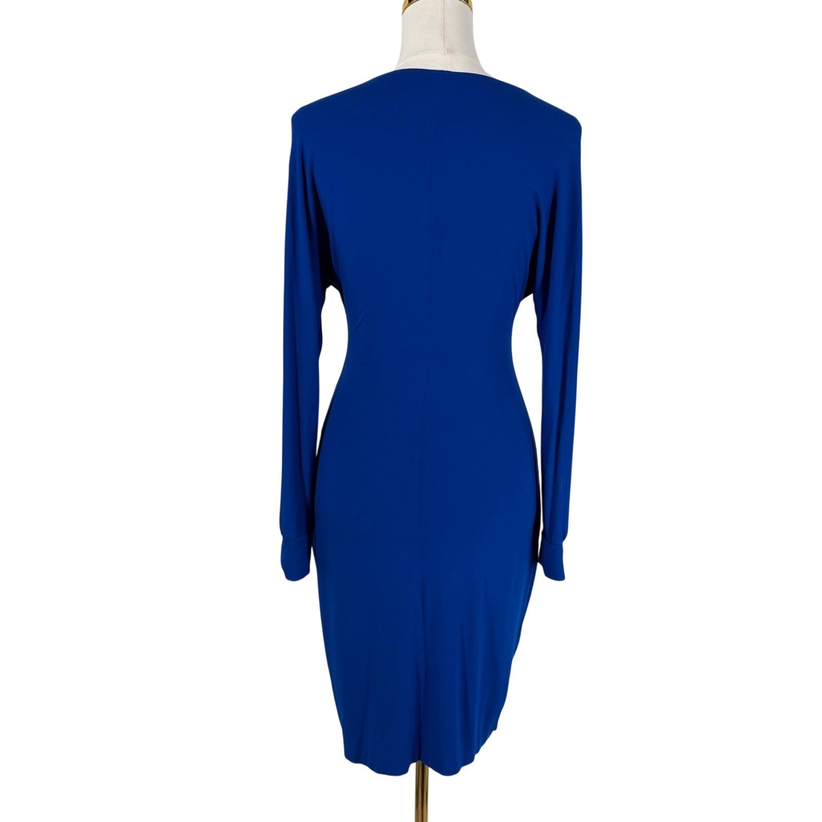 Cache Womens Royal Blue Faux Wrap Ruched Dress Gold Chain Detail Long Sleeve L