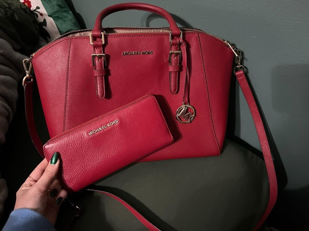 Michael Kors Red Zip-Top Satchel Top Handle Bag w/ Detachable Strap, Pockets