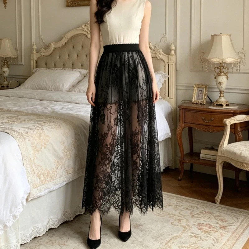 2 Length Elegant Black Skirt White Lace Transparent Long Tulle Skirt Ladies.