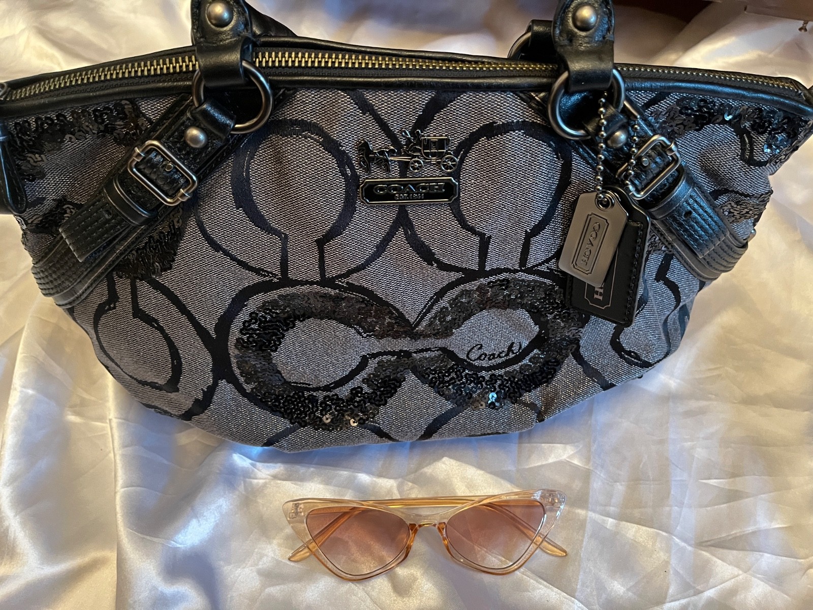 Coach Madison Op Art Sophia Sequin Satchel Black And Metallic Gray