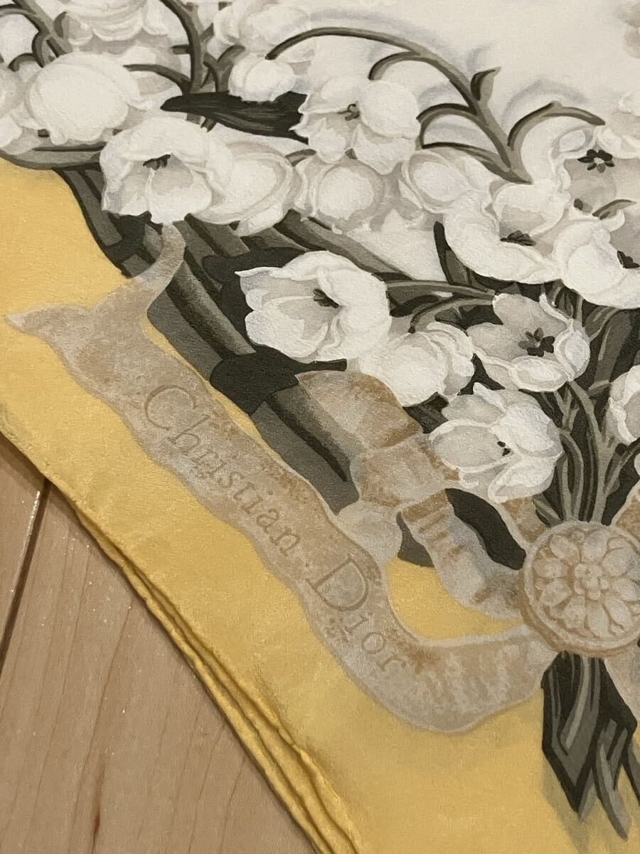 Christian Dior Vintage Lily of the Valley Silk Scarf Yellow 82cm Authentic