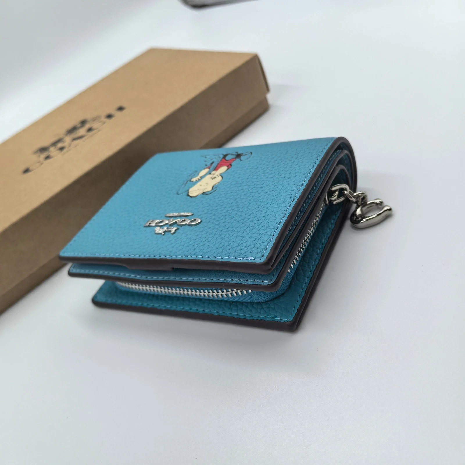 NEW Coach x Snoopy Print Cartoon Pattern Short Zip Wallet Blue