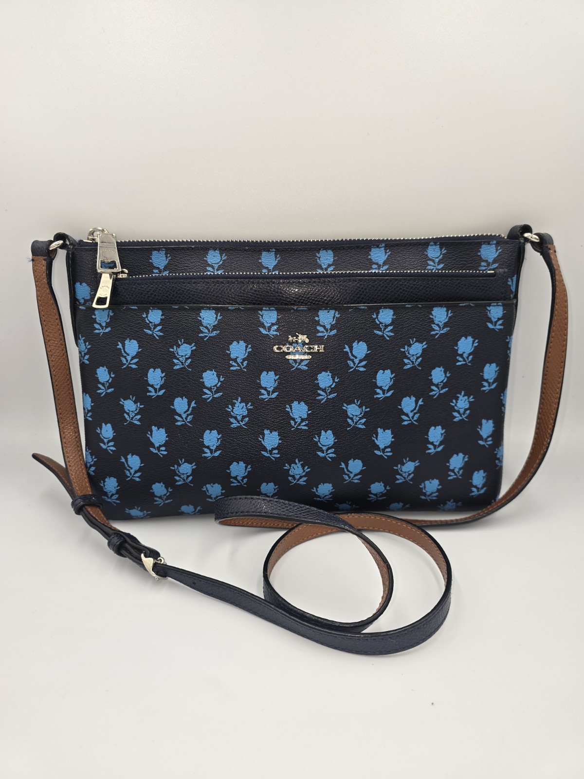 COACH F38159 Navy Blue Floral Print Crossbody Bag Purse w/ Pop Up Pouch *READ*