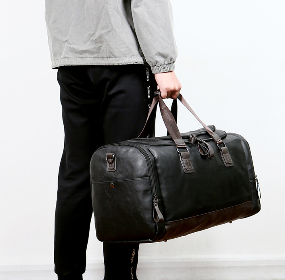 US Men Large Leather Travel Gym Bag Weekend Overnight Duffle Bag Handbag Black