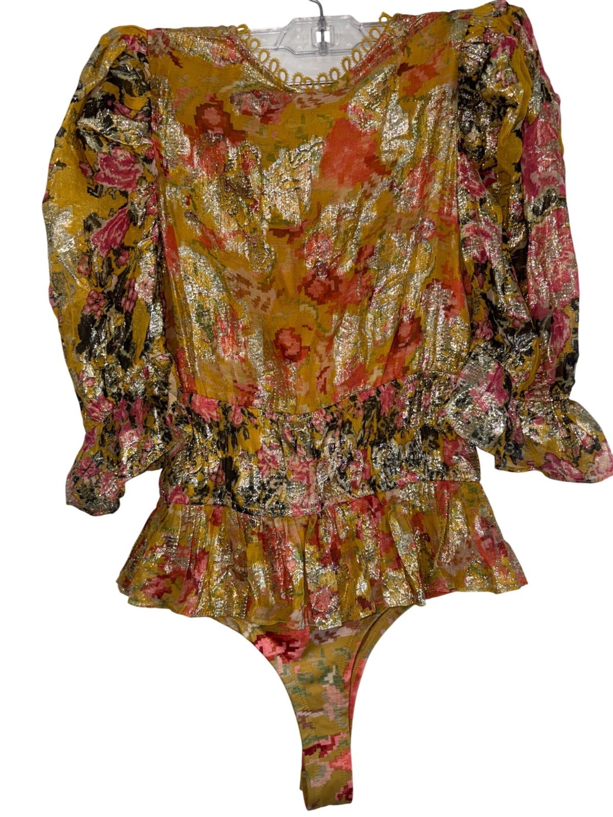 HEMANT AND NANDITA Nova Bodysuit in Mustard Multi X-Small New Womens Blouse Top