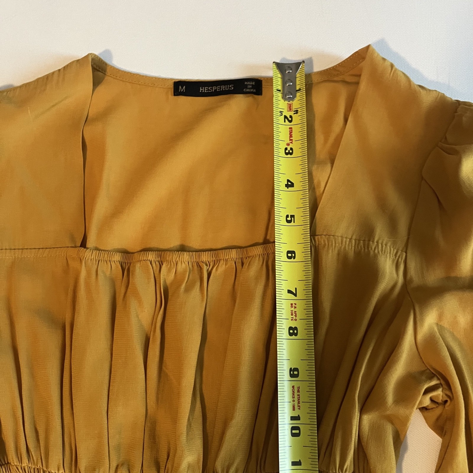 Hesperus Womens Square Neck Mustard Yellow Dress Long Sleeve Ruched Waist Med
