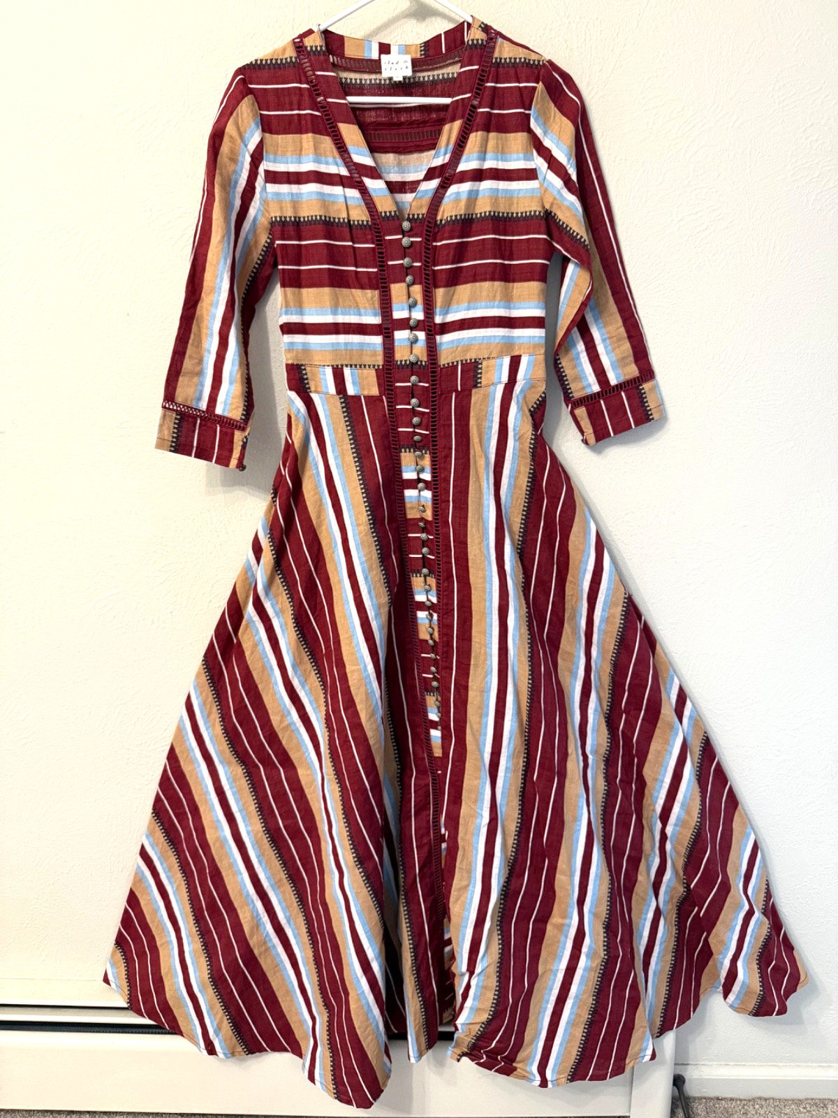 Clad & Cloth 100% Ramie maxi shirt dress stripe size S/M office wedding