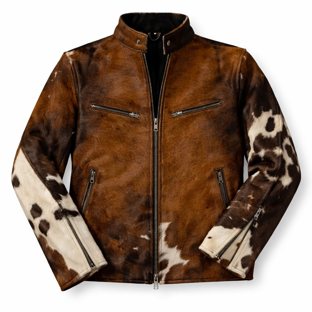 Men’s Cowhide Hair-On Leather Jacket Western Pony Skin Cafe Racer Cow Print Coat