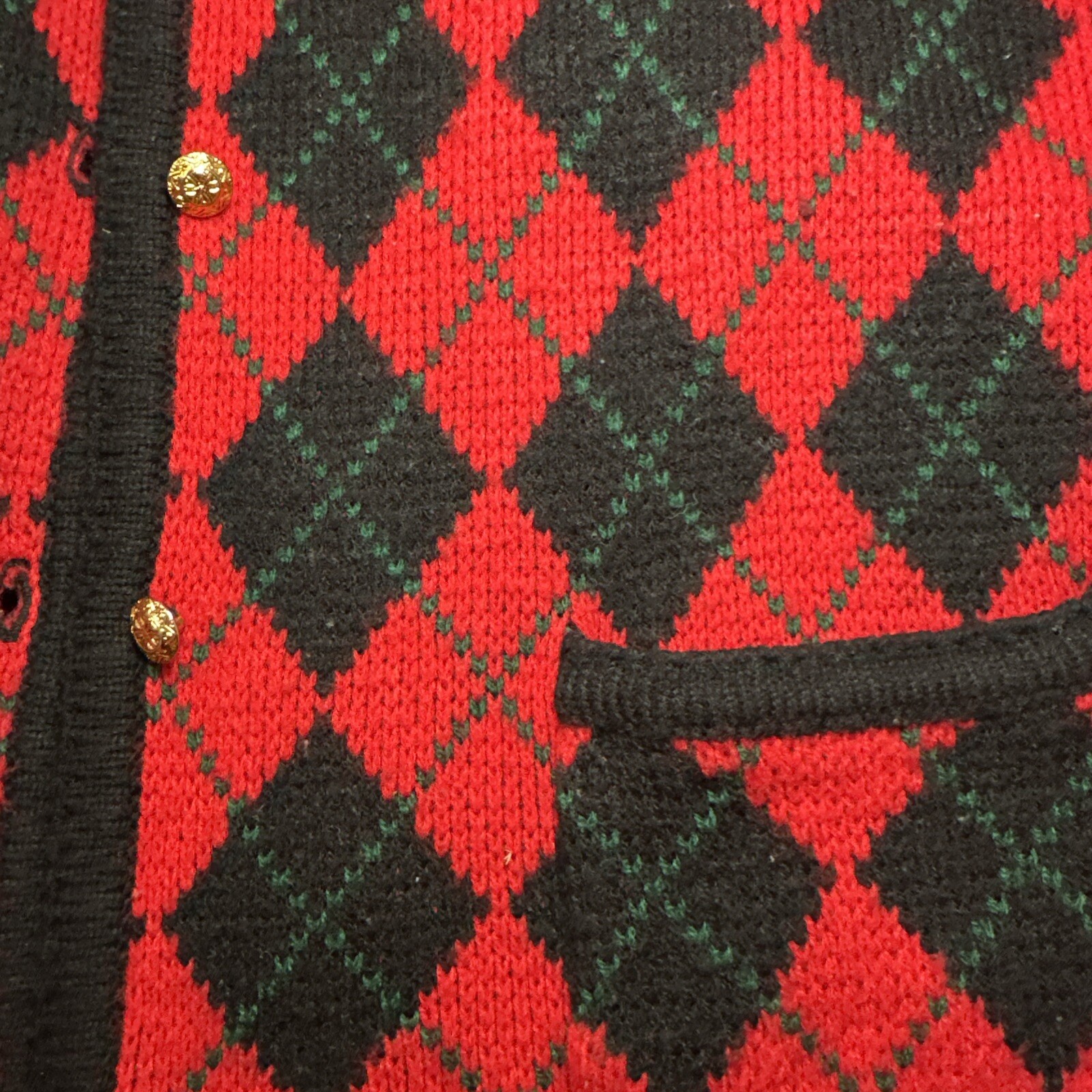 Red Argyle Cardigan Womens Large Black Crystal Gold Button VTG Diamond Sweater