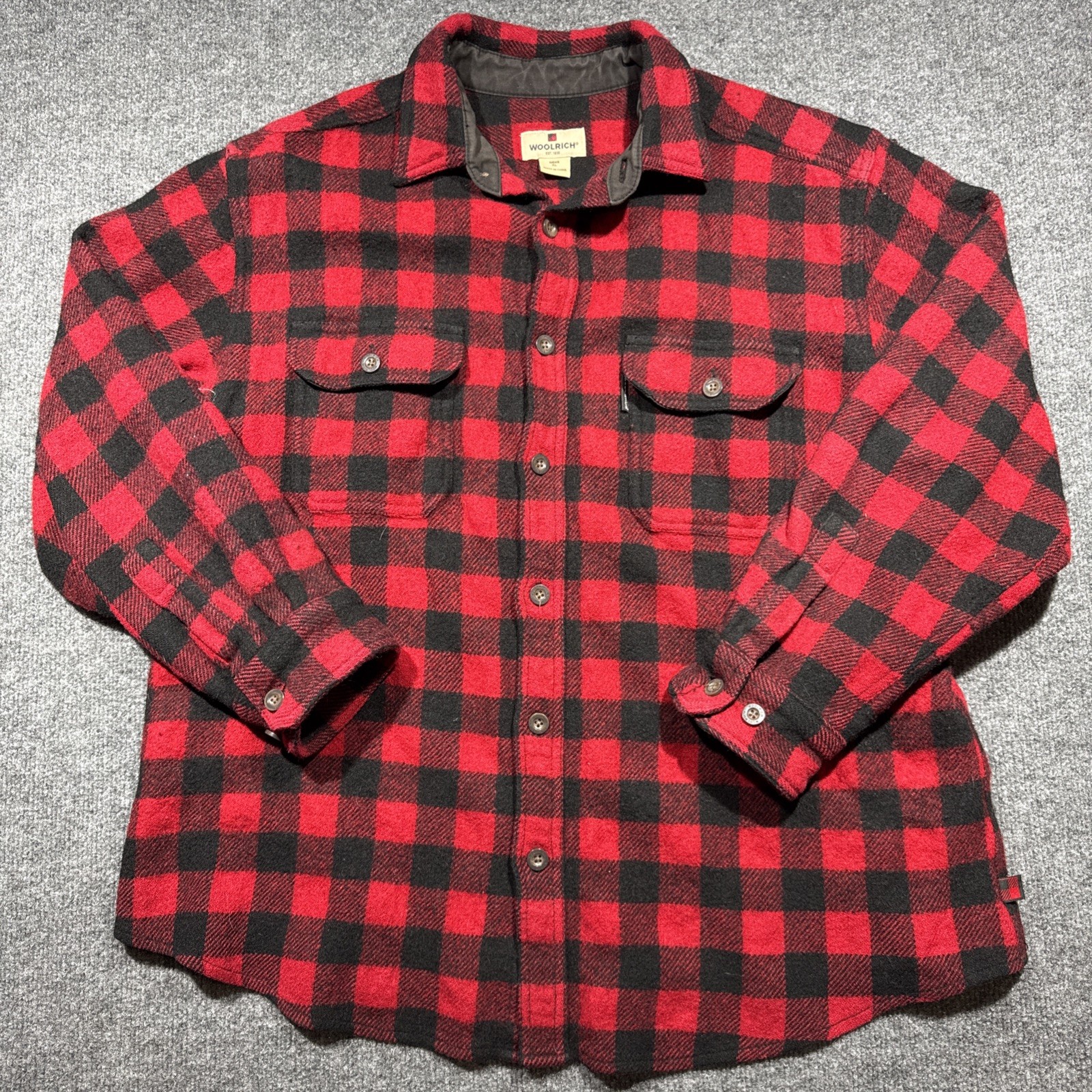 Men’s WOOLRICH Red Black Buffalo Plaid Button Up Wool Shirt Jacket – Size XL