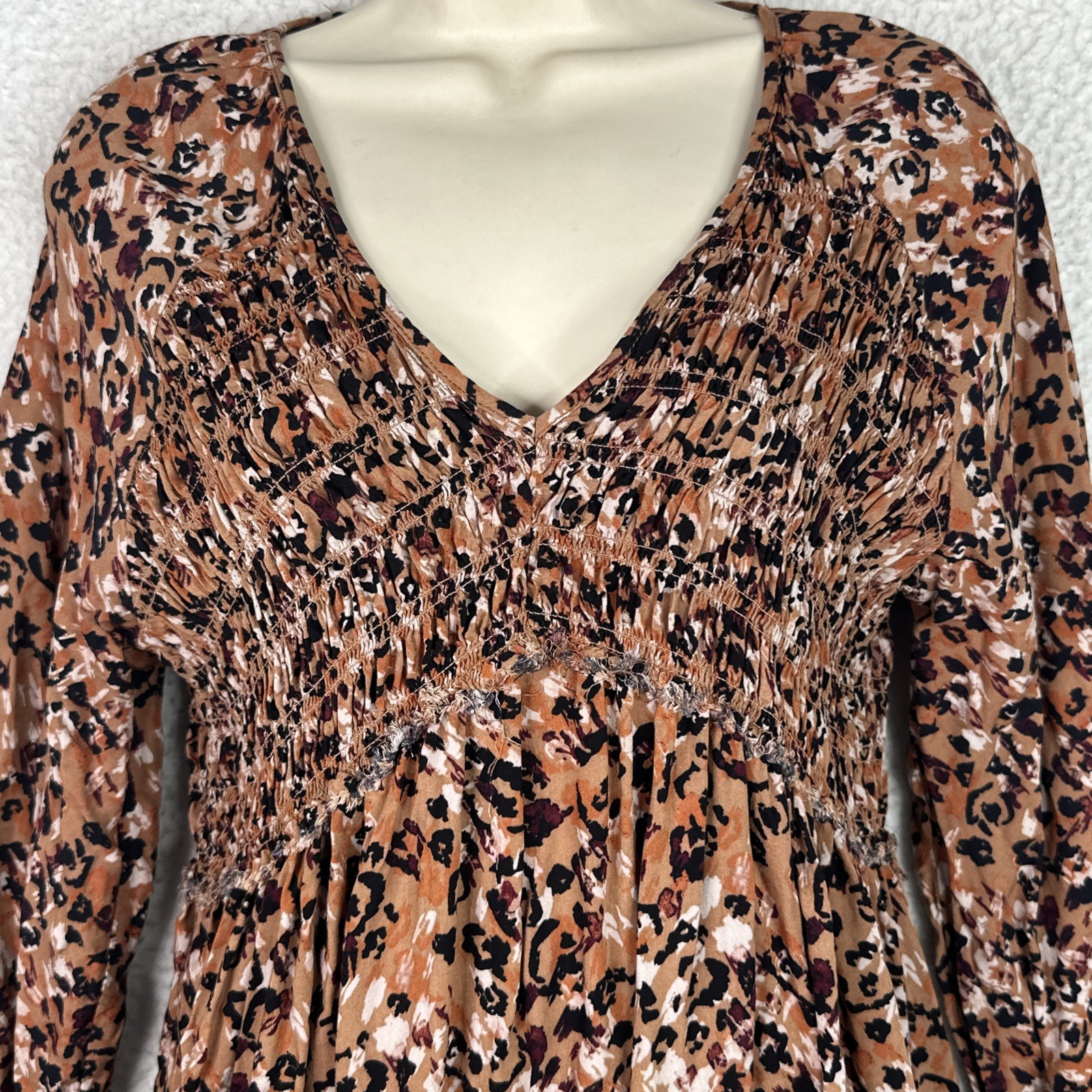 BeachLunchLounge Smocked Mini Dress M Brown Boho Tiered Viscose Long Sleeve