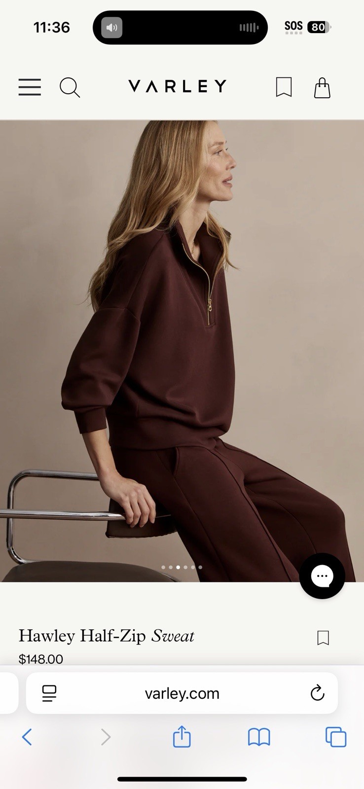 Varley Hawley Half Zip Sweat $150 MSRP Women’s Size Medium Chocolate Walnut