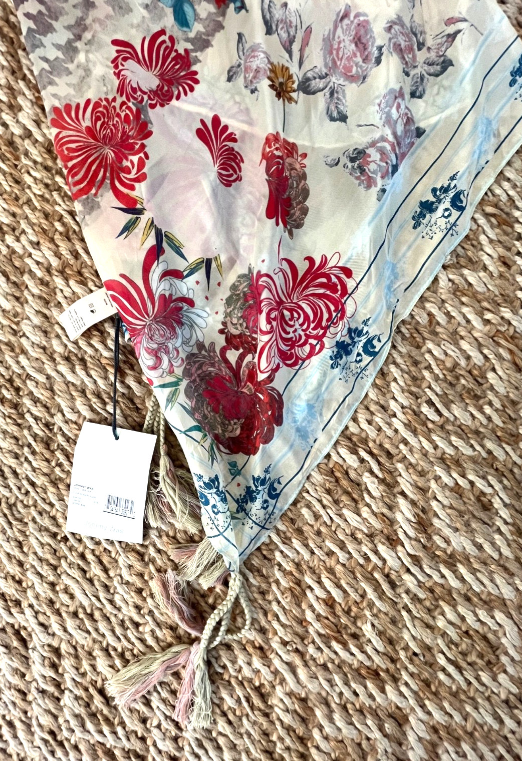 Johnny Was Silk Scarf with Tassels FOUR SEASONS New w Tags Floral Houndstooth