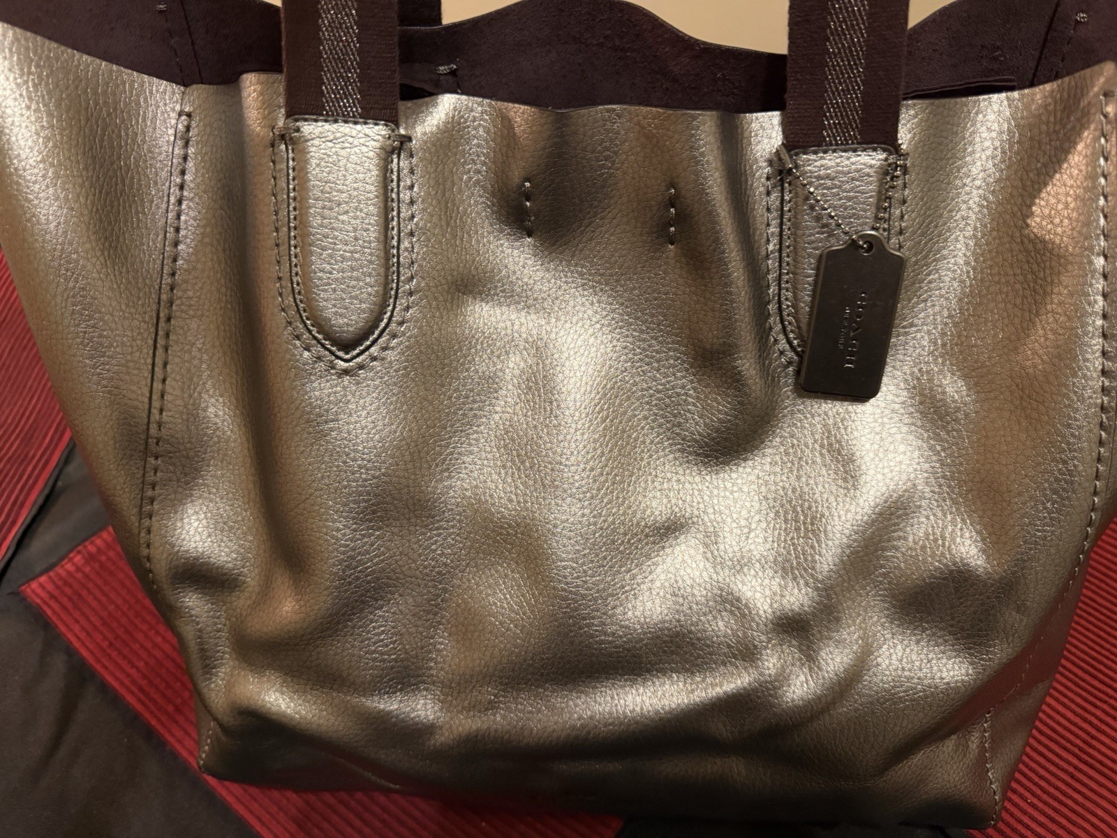 Coach Bronze Pebbled Tote Large Double Handles Snap Zip Inner Pockets Bag Charm