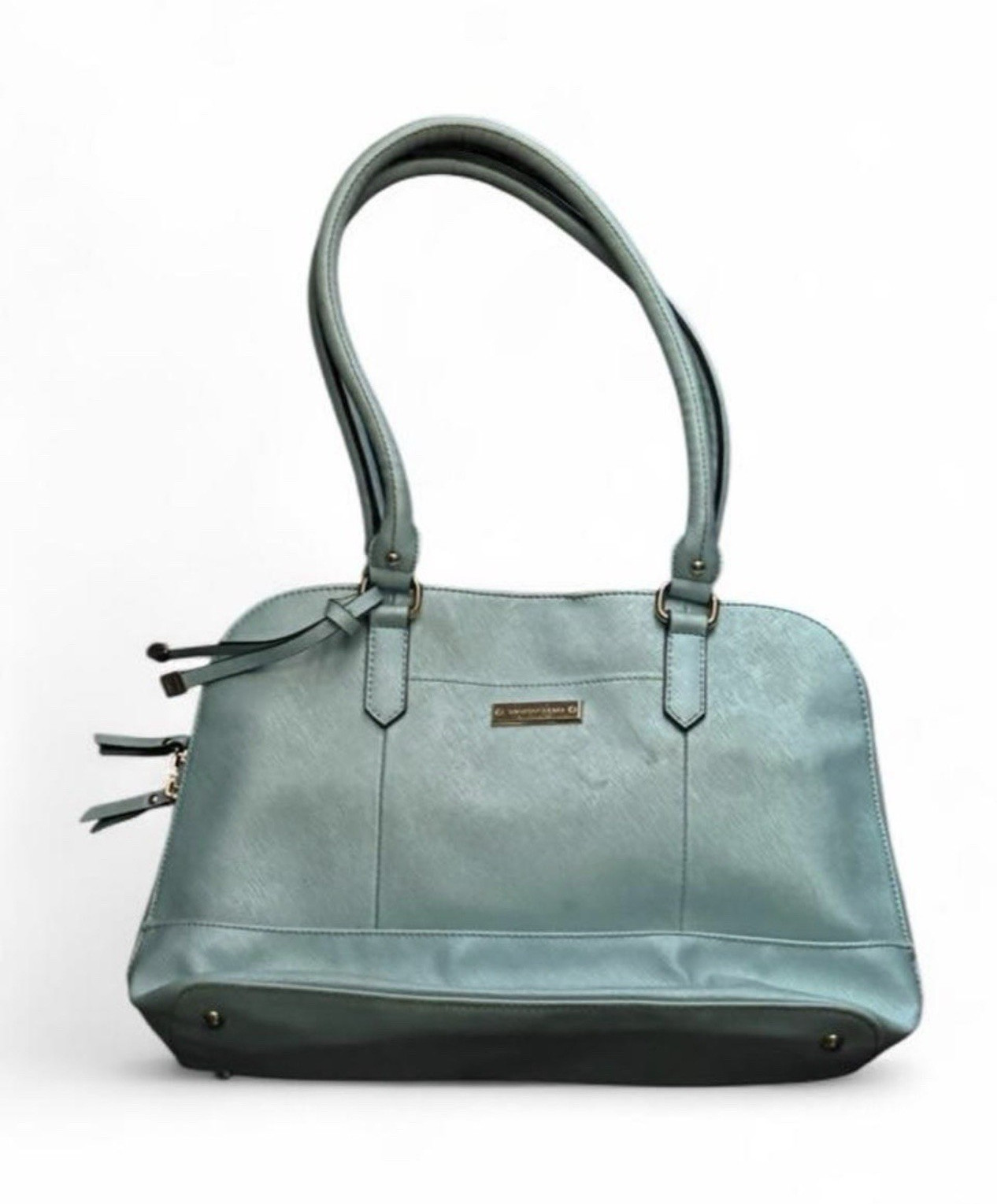 Tignanello Blue Logo Satchel Top Handle Bag Zip Closure Gold Hardware