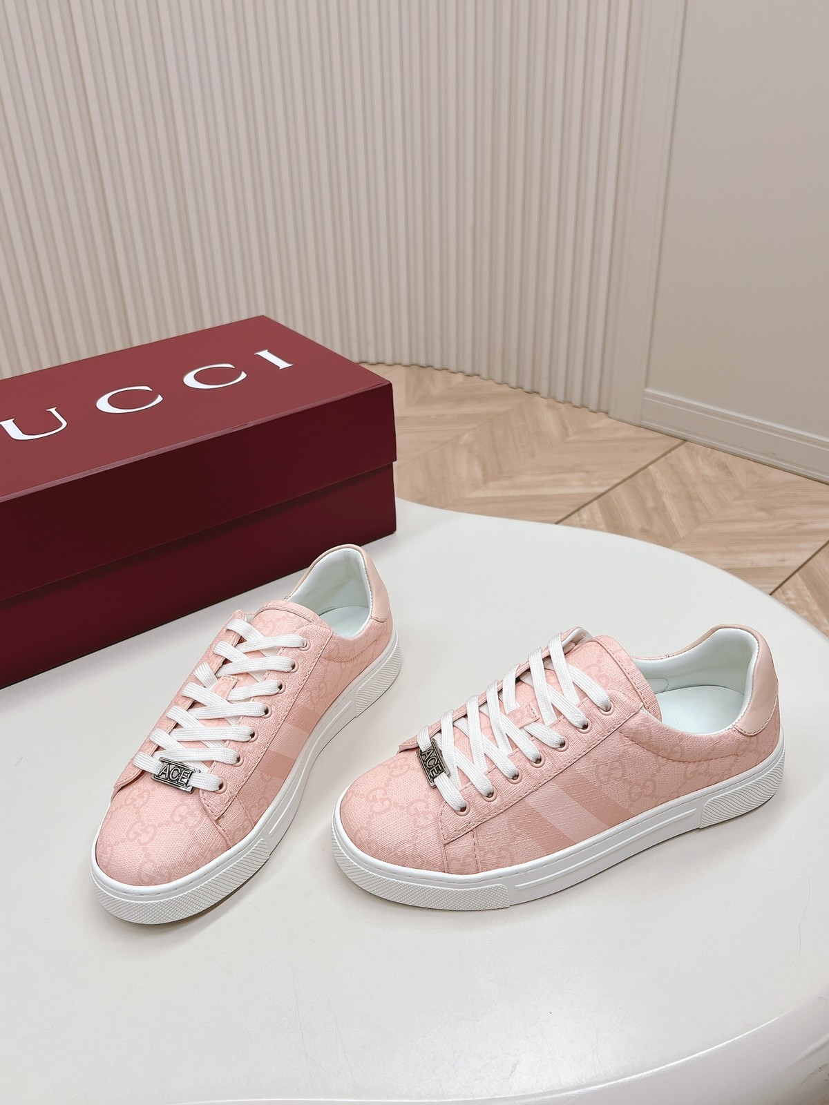 Gucci Ace Pink GG Supreme Canvas Sneakers Women White Web Stripe Low Top Shoes