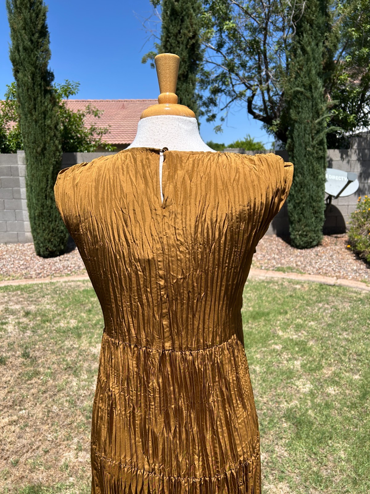 Eileen Fisher Crushed Silk Tiered Midi Dress Women’s XXS Bronze Pleated $388 NWT