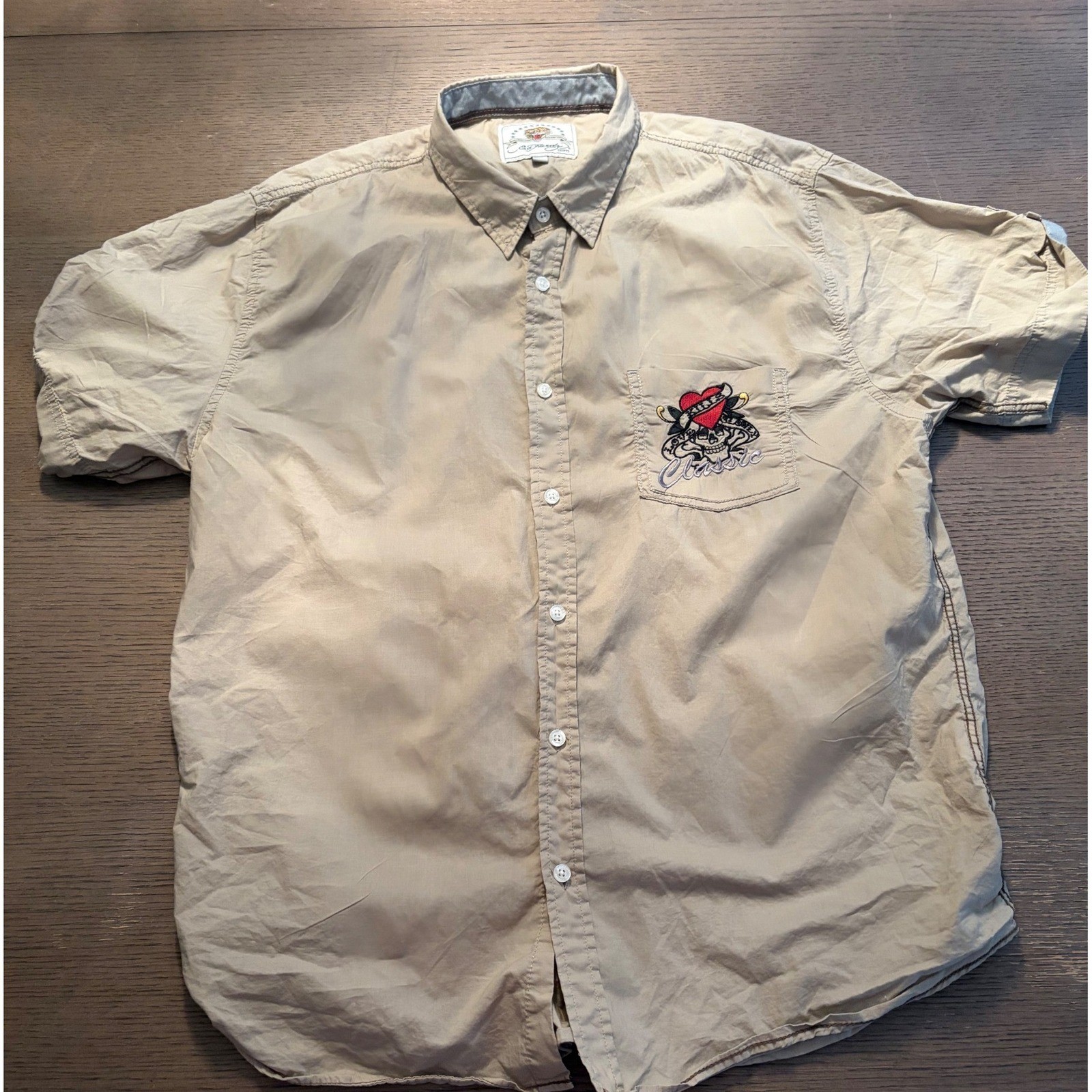 Ed Hardy Mens Tan Short Sleeve Button Down Shirt Love Kills Slowly Skull XL