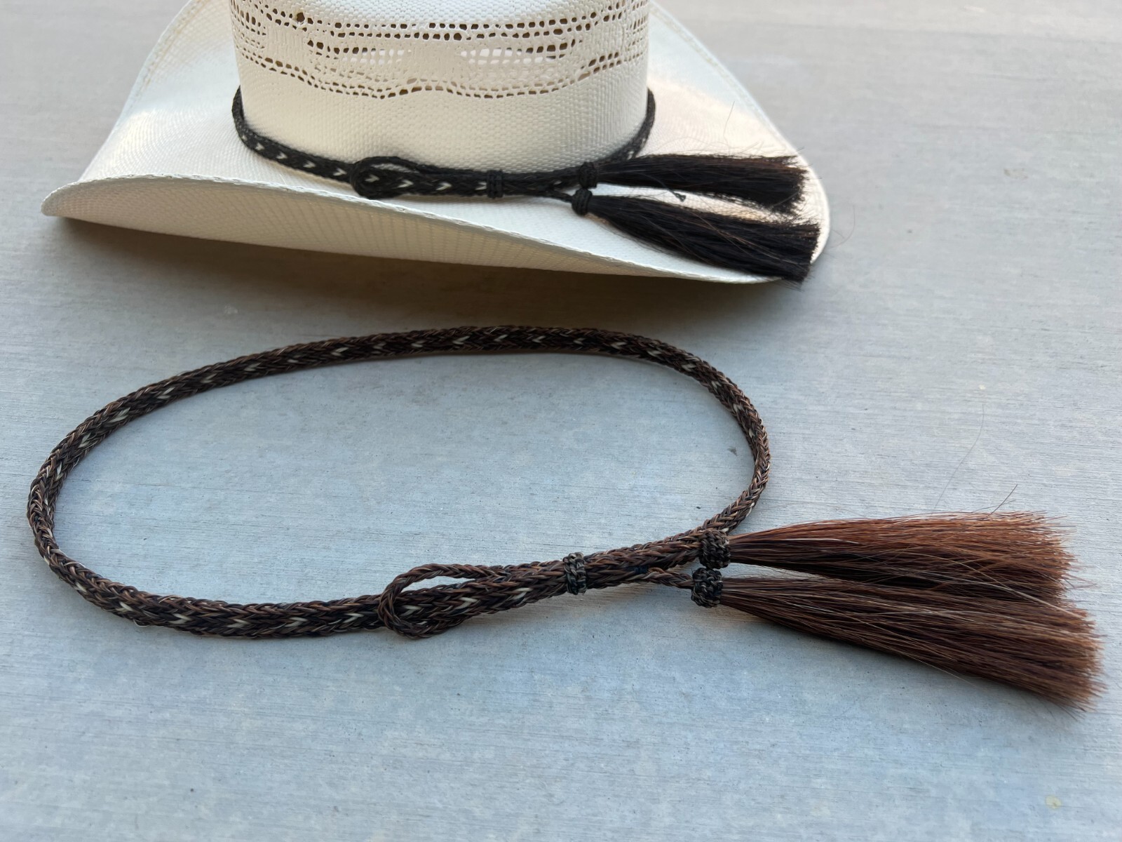 Light Brown western cowboy hat band, Horse Hair Braided Tassels Adjustable Band