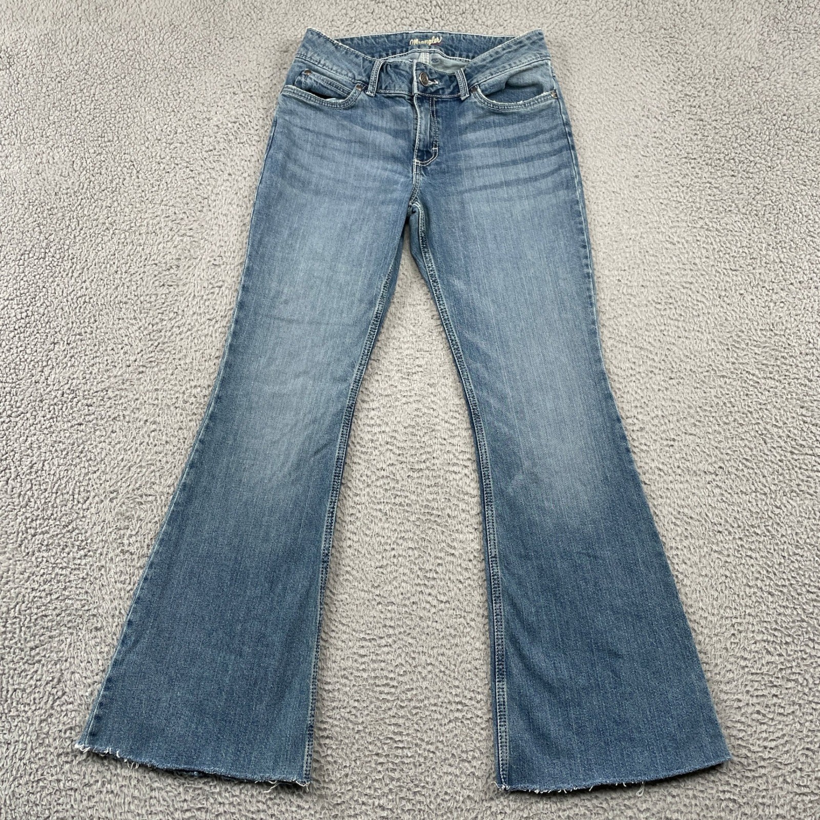 Wrangler Jeans Womens 7×34 Blue Flare Leg Raw Hem High Rise Stretch Denim