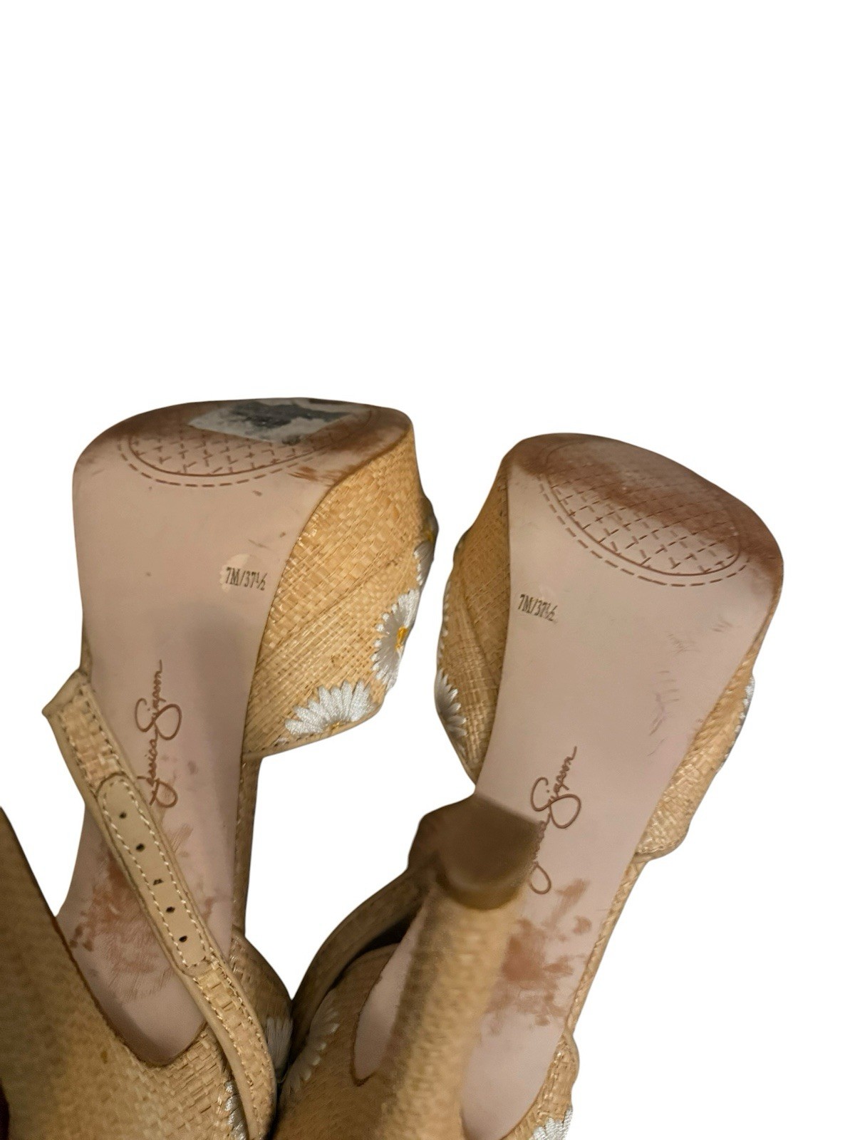 Jessica Simpson Daisy Embroidered Wedge Heels size 7- Tan Summer Platform