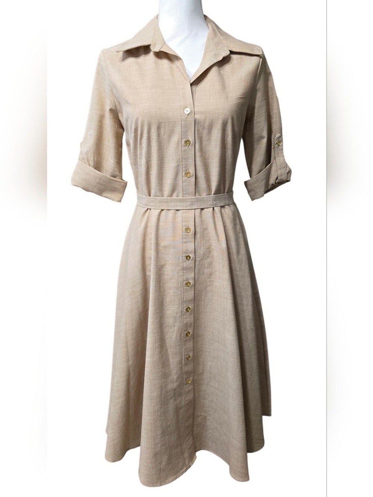 Beige/Tan Button-Front Shirt Dress with Belt