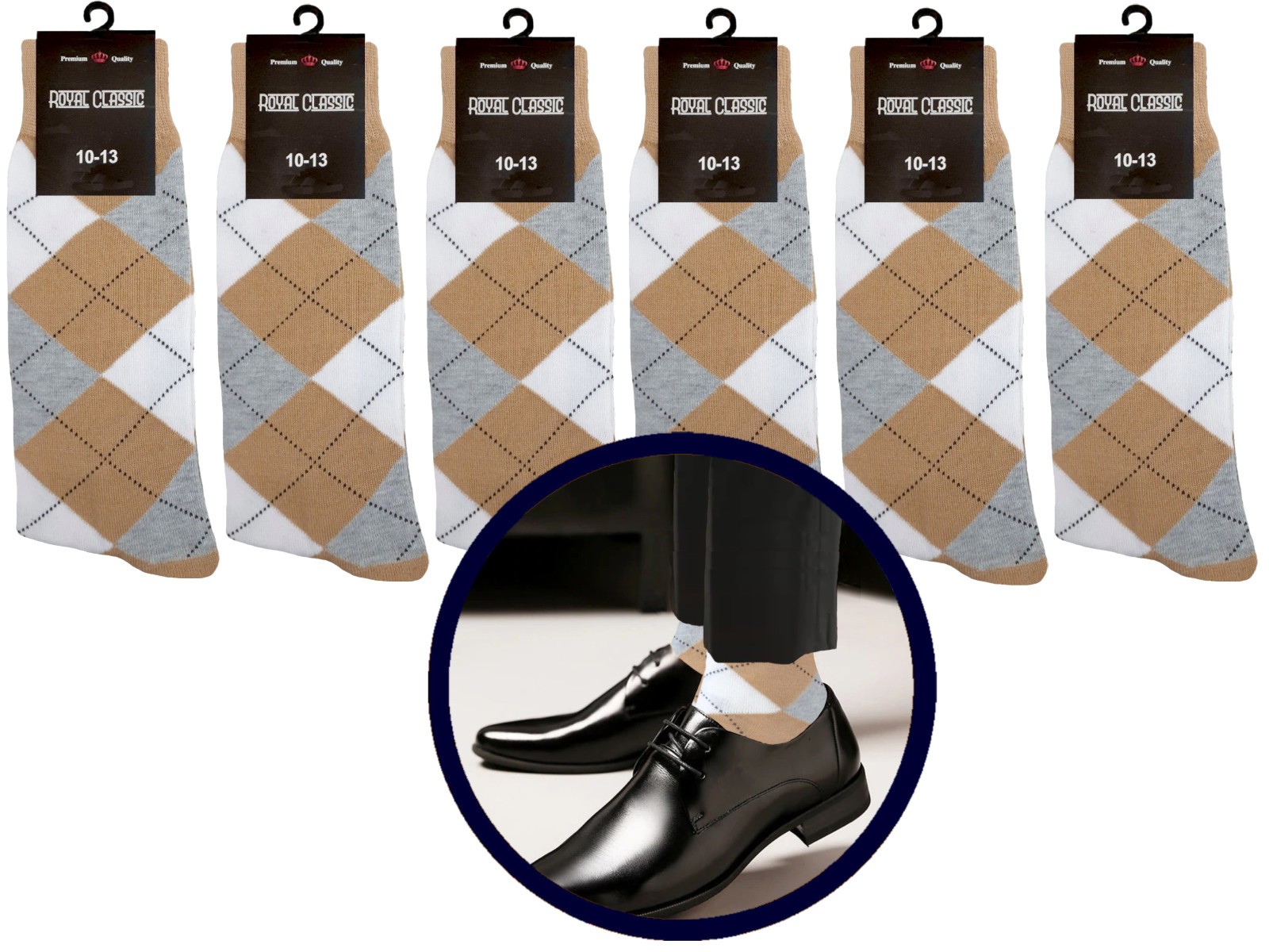 12-6-3-1 Dress Socks Argyle Diamond BEIGE WHITE GRAY COTTON Socks TRUE TO SIZE