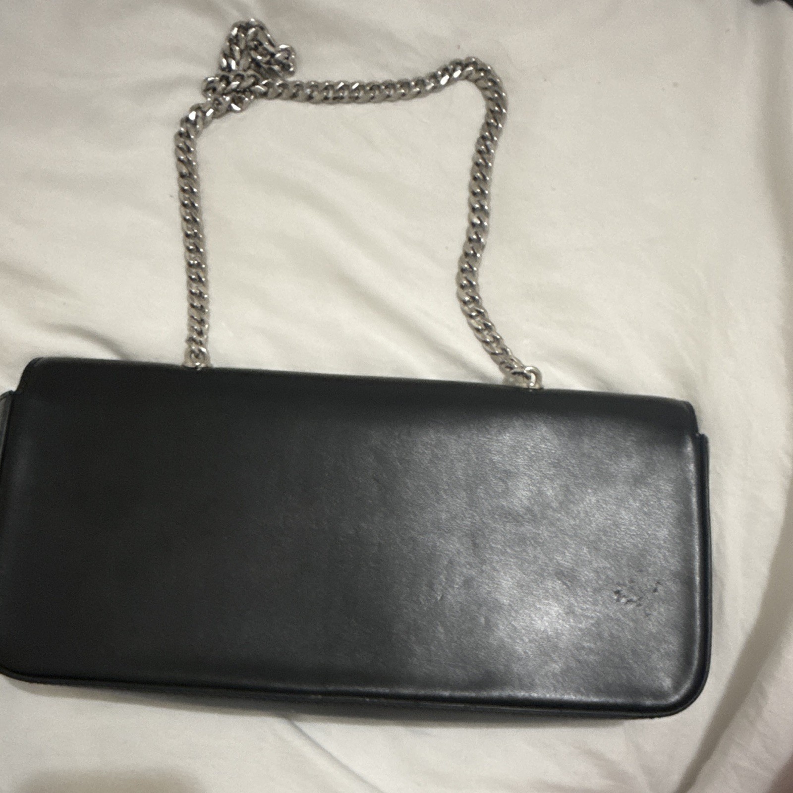 CELINE Triomphe Black Small Shoulder Bag Clutch, Silver Chain Strap, Push Lock
