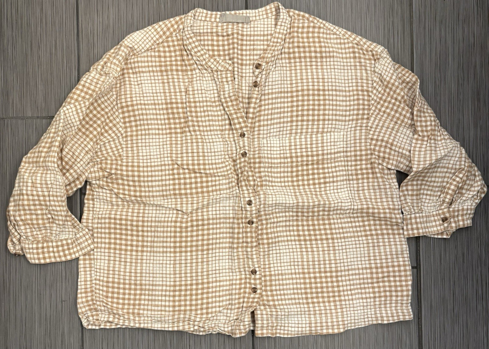 Everlane Linen Iced Coffee Plaid Button Down Short Size Large Boxy