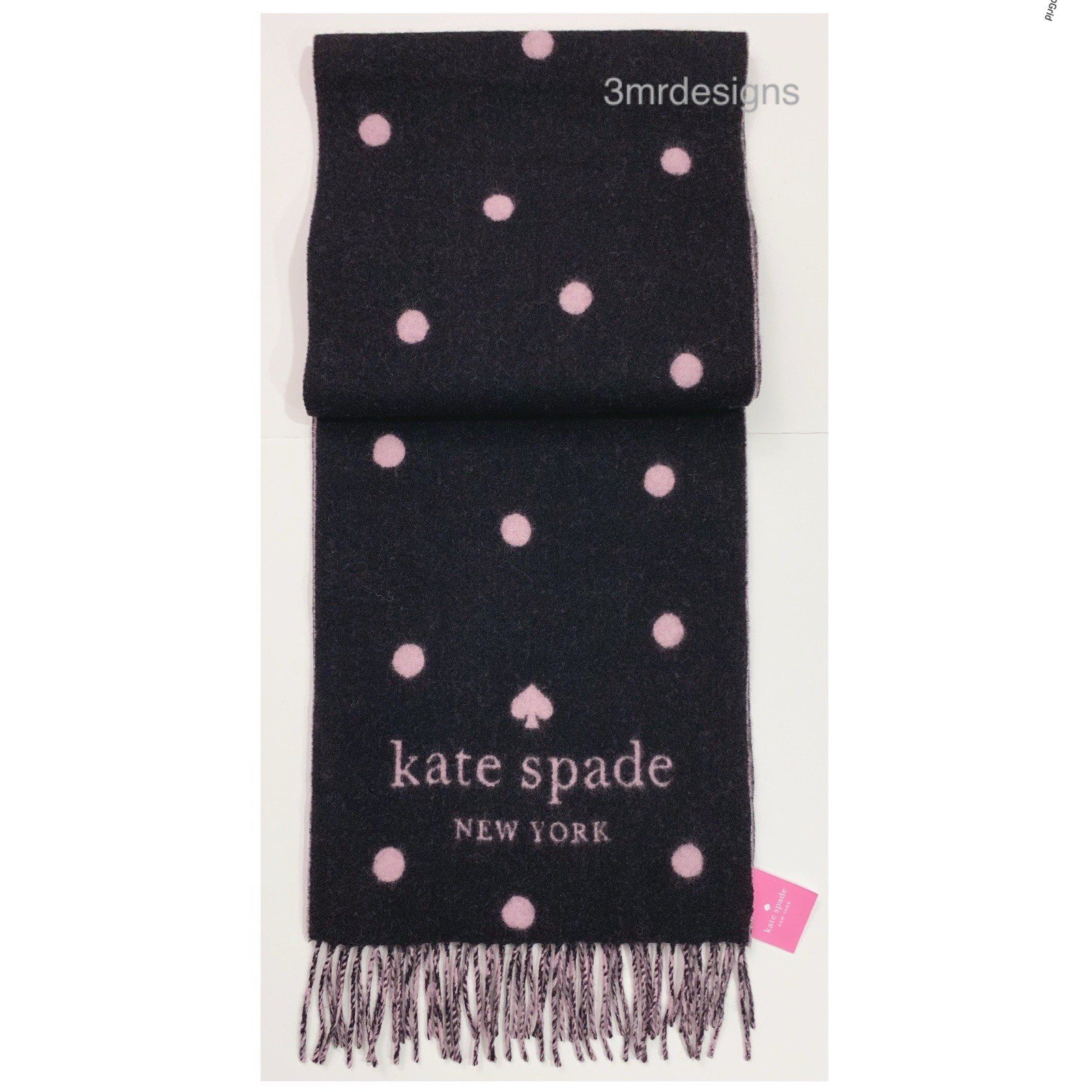 NWT Kate Spade Black/Pink Logo Dot 90% Wool/10% Cashmere Soft Large Oblong Scarf