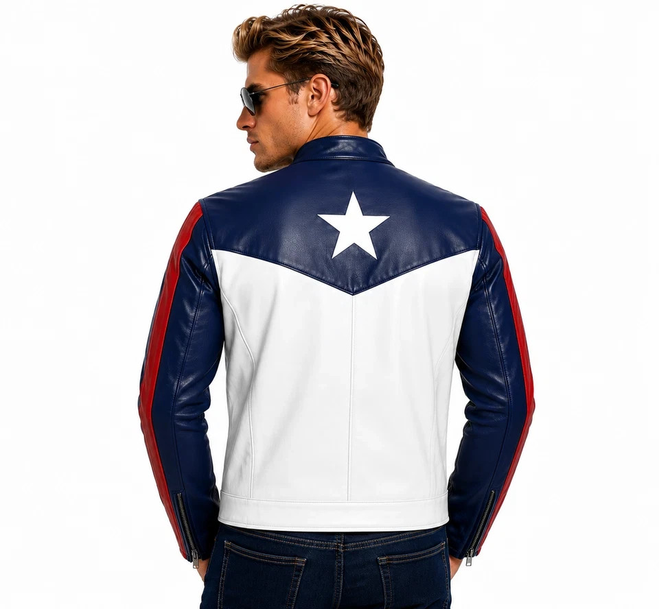 Men’s USA Flag Leather Jacket Genuine Cowhide Biker Jacket