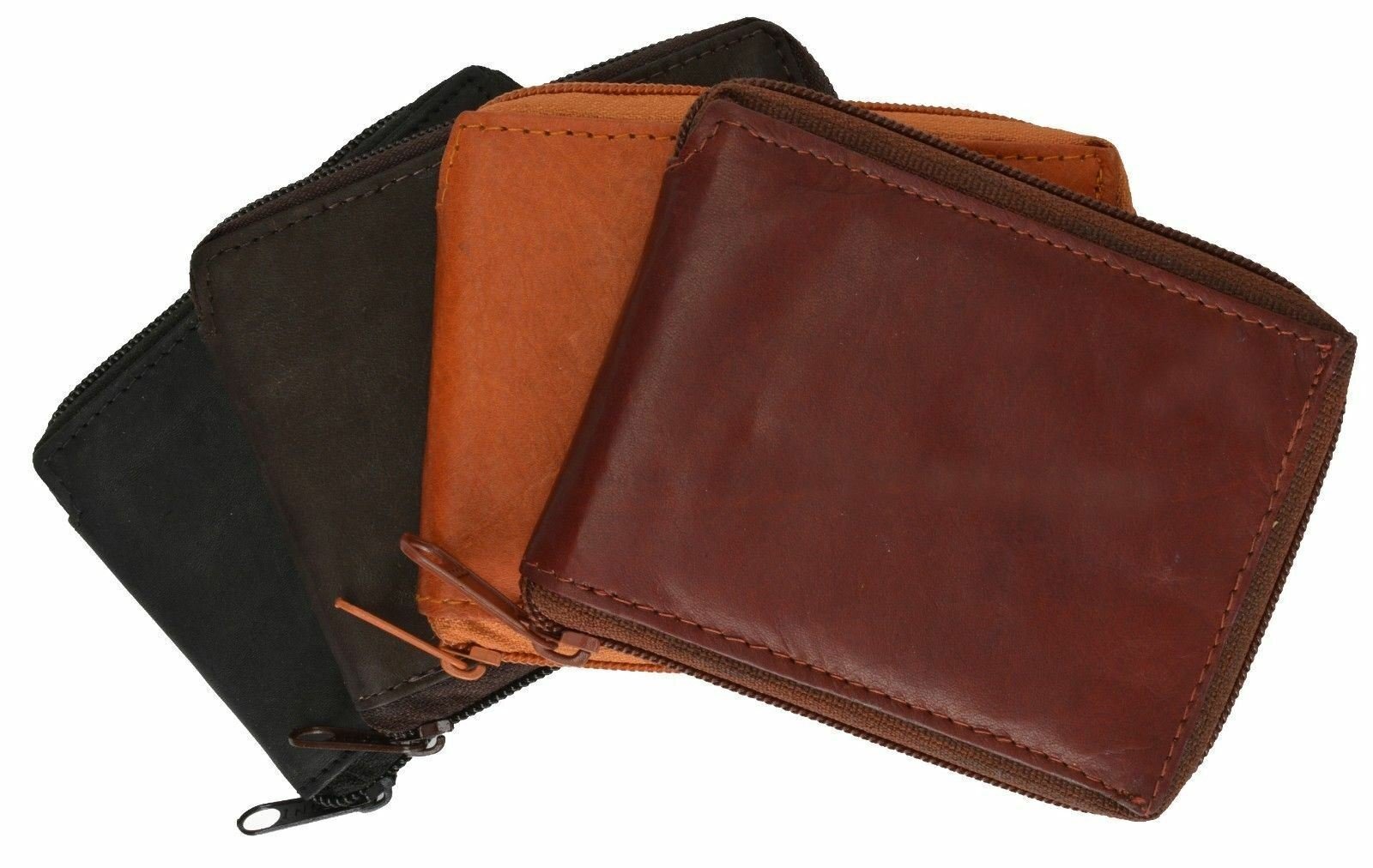Men’s Genuine Leather Zipper Zip-Around Organizer Bifold Wallet Black Brown Tan!