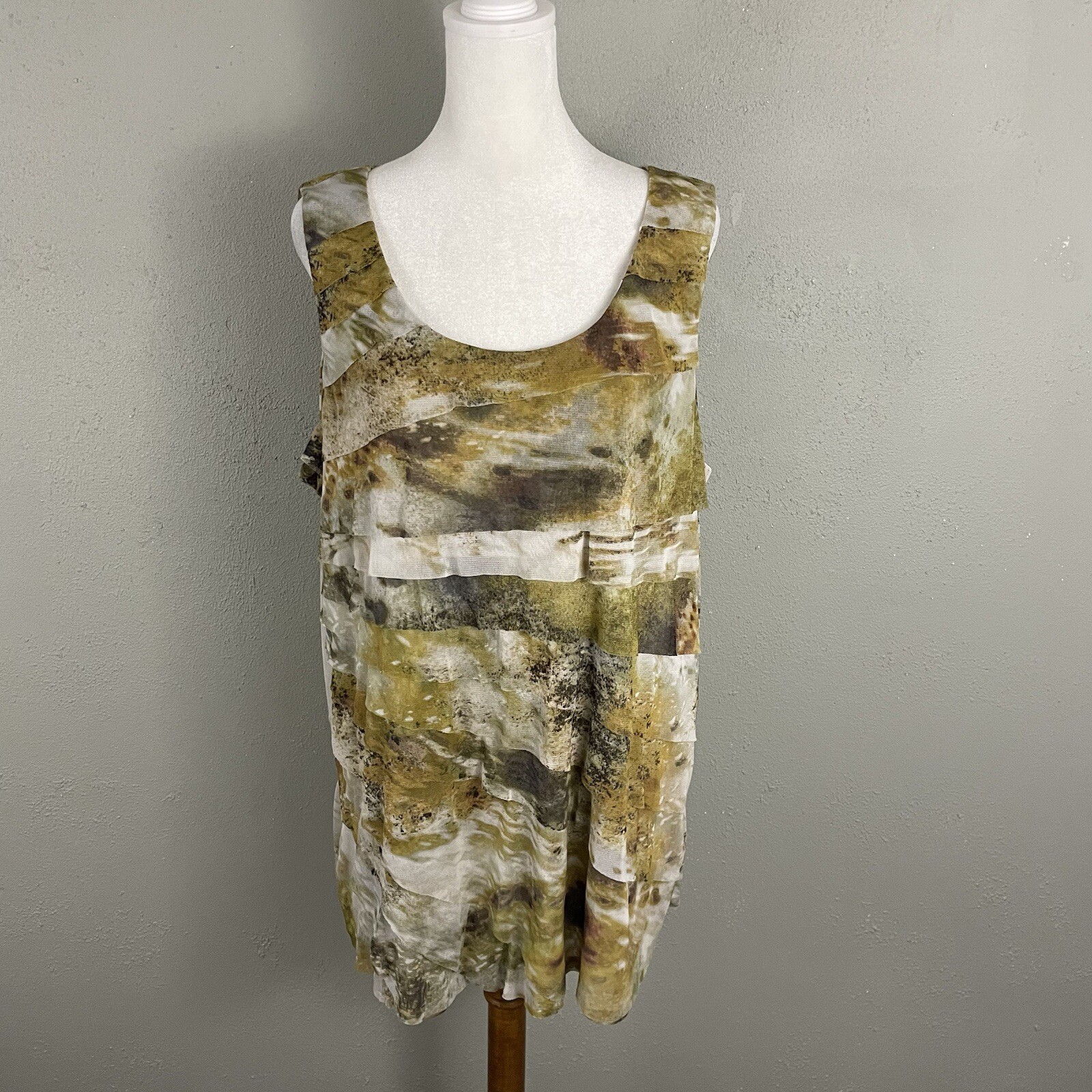 Coldwater Creek Plus Size 1X Mesh Top Layered Sleeveless Brown Mustard Multi