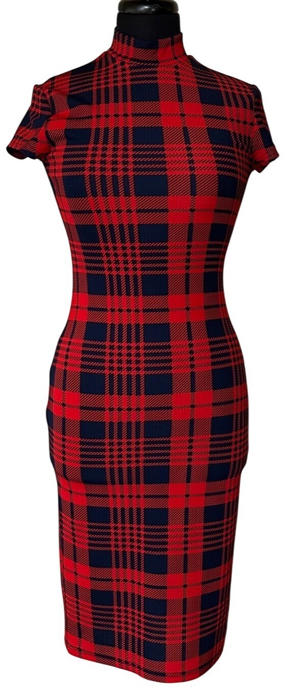 SHEIN Mock Neck Red Plaid Dress Polyester Spandex Blend Women’s Size XS/2