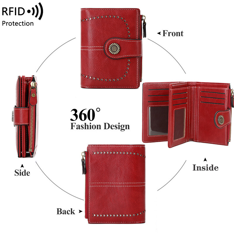 Women Bifold RFID Blocking Leather Wallet Hasp Card Holder Mini Handbag Purse