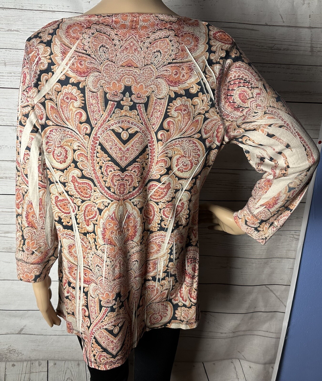 Vintage 90s One World Tunic Large Pink Tan Black Orange Paisley Rhinestone Shirt