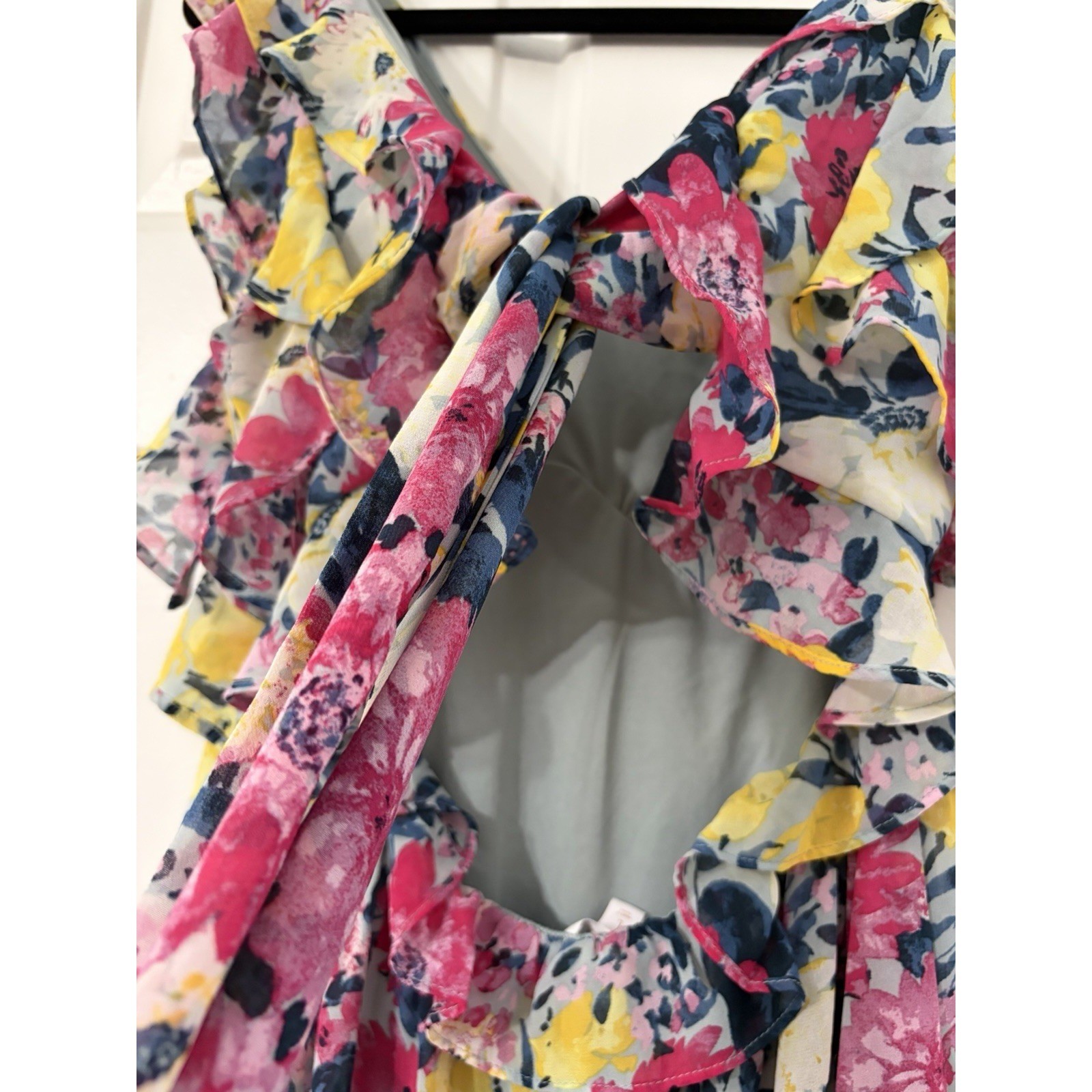 Lauren Conrad Midi Dress Large Romantic Watercolor Floral Ruffled Open Back