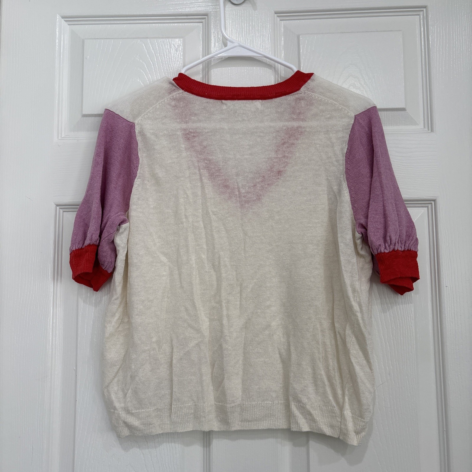 Boden Agnes Women’s Linen Colorblock V-Neck Sweater Cream Purple Red Sheer Sz M