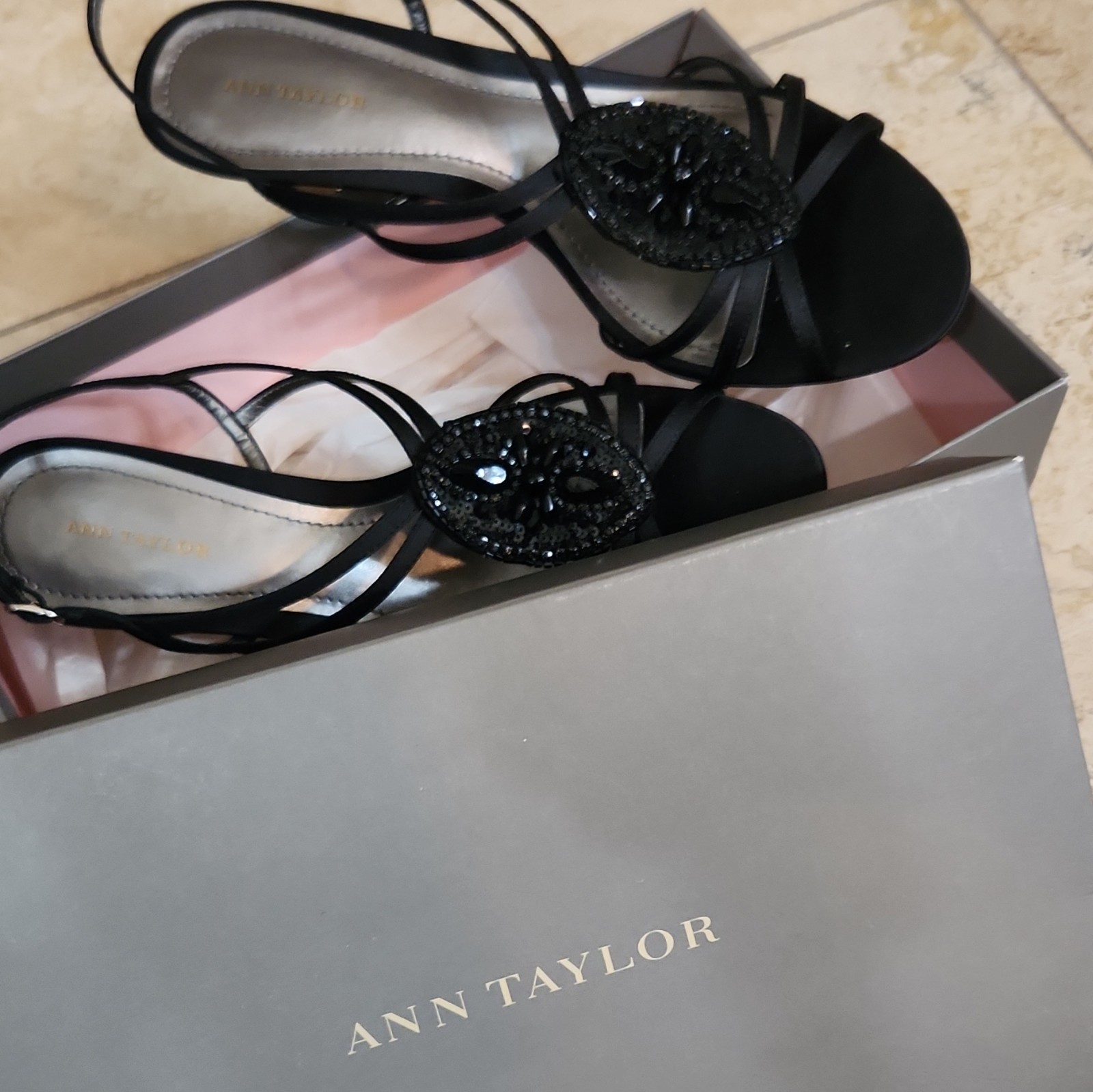 Ann Taylor Black Strappy Beaded Sequin Slingback Heels Buckle Open Toe 9M