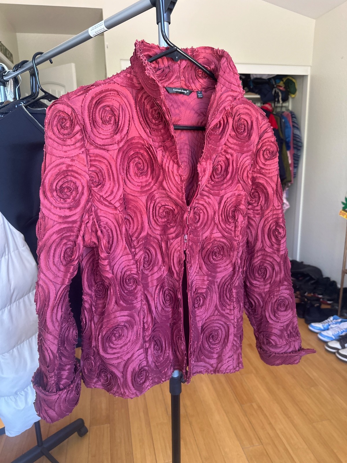 Samuel Dong Burgundy Rosette Floral Top size womens L fits as small