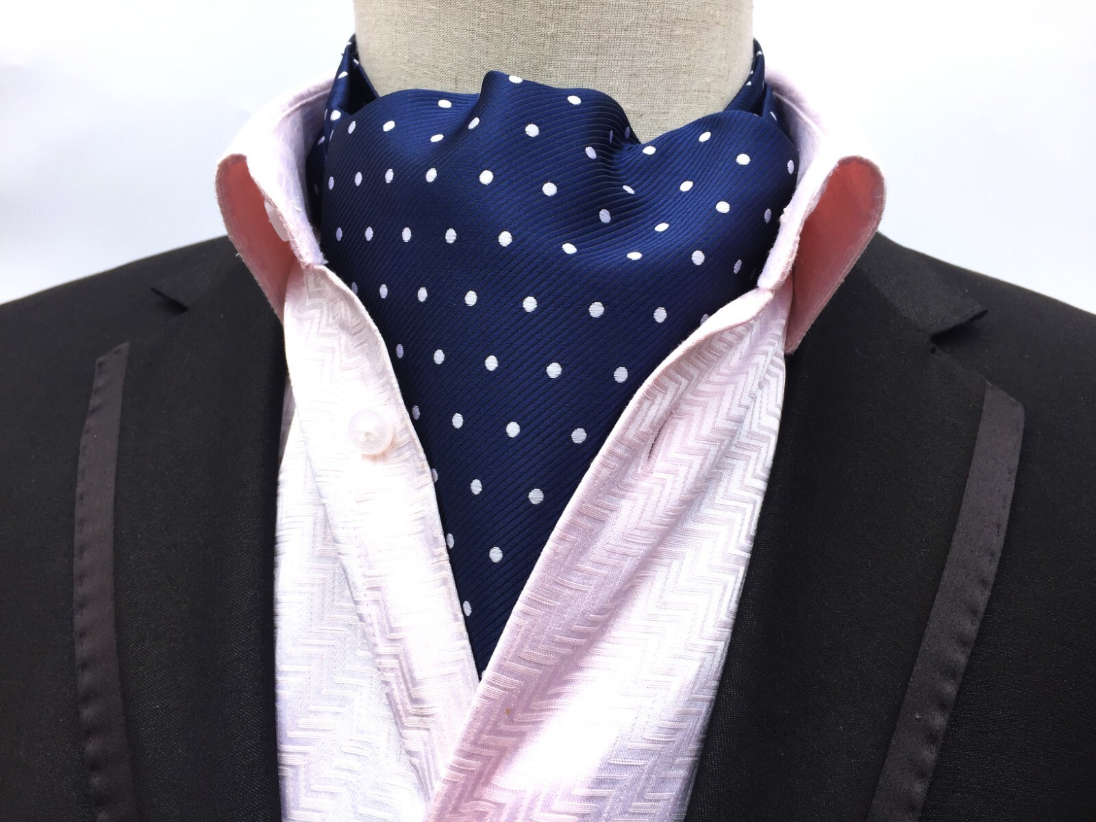 New Classic Men’s Jacquard Polka Dot Blue White Scarf Cravat Ascot Necktie Tie