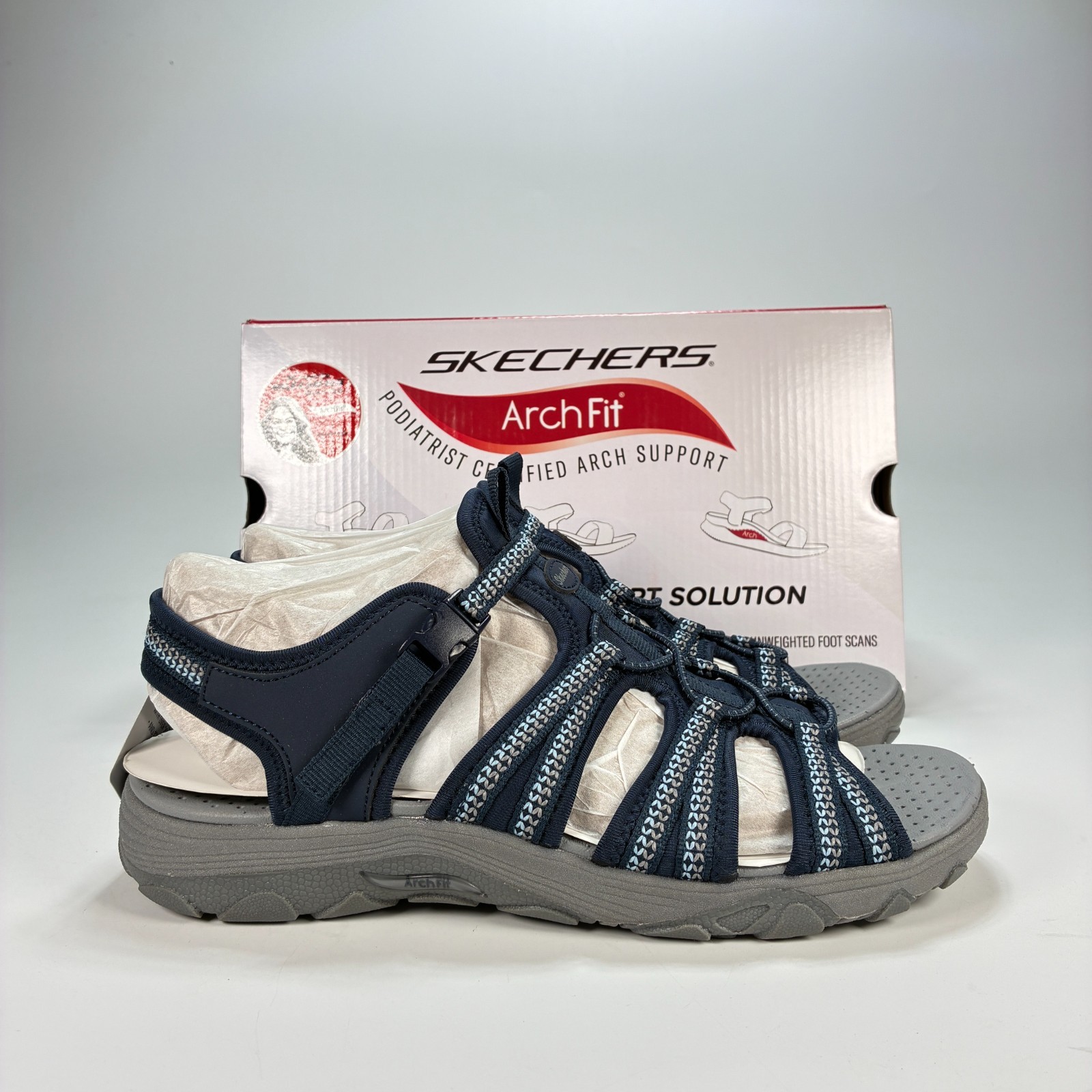 Skechers Arch Fit Reggae Groundbreaking Navy Fisherman Sandals Women’s Size 9