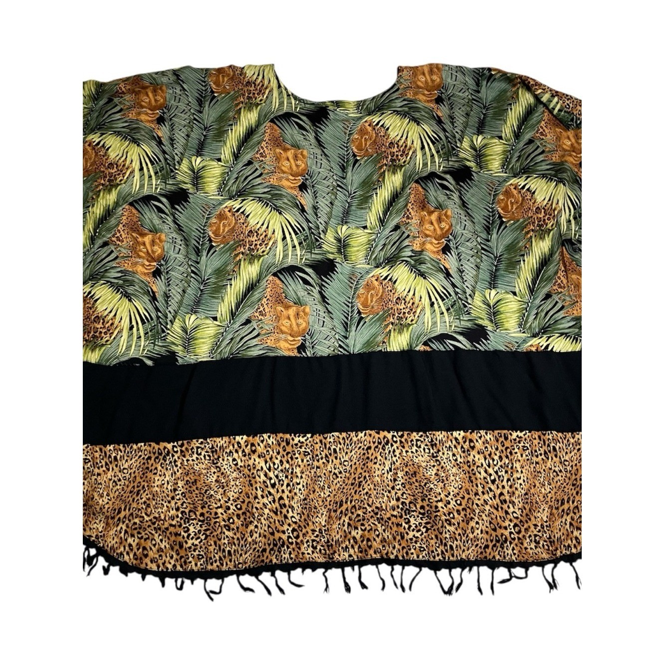 B.O.P Women’s Jungle Leopard Print Caftan Poncho Top 4X Beaded Rayon Boho