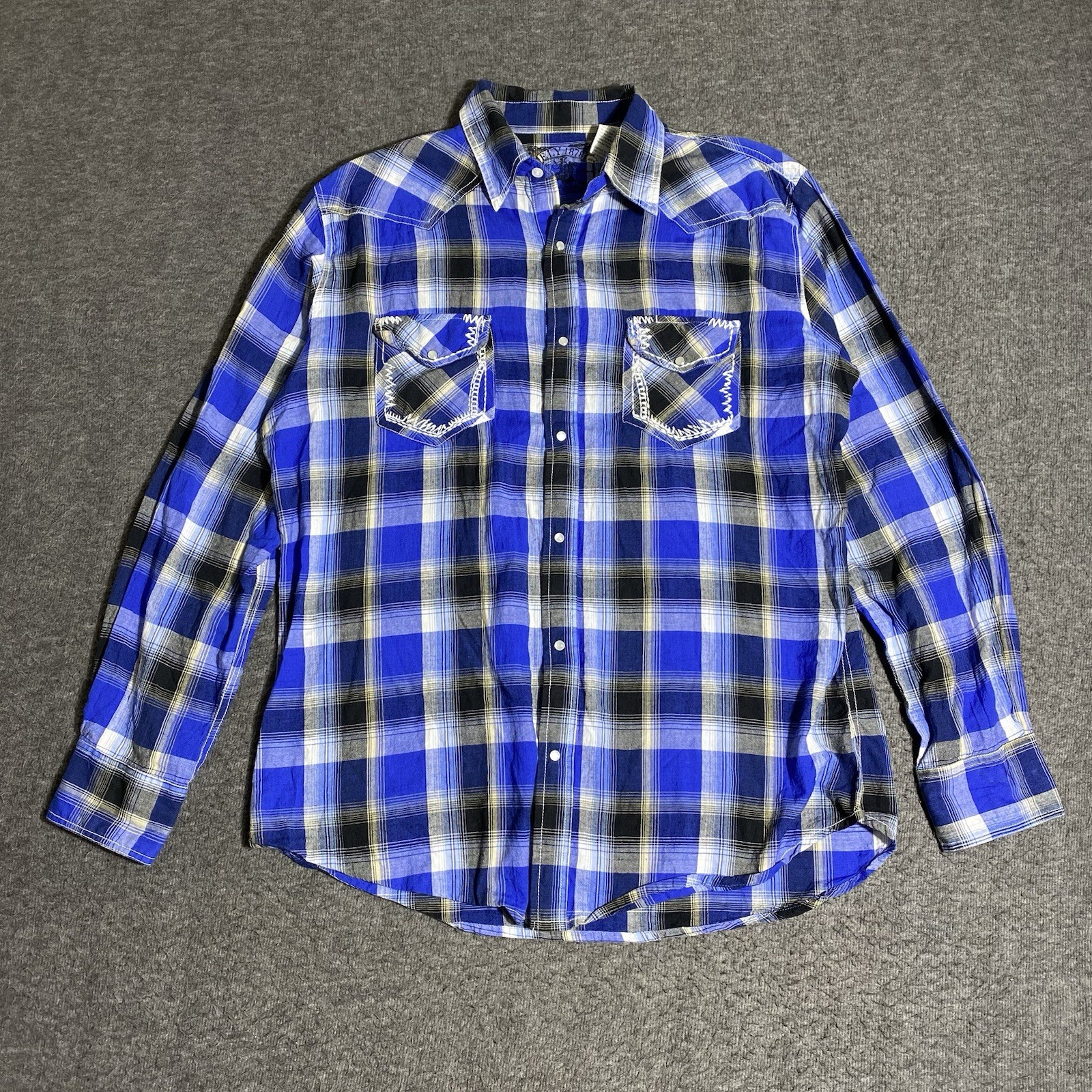 Ely Cattleman Shirt Mens L Blue Plaid Western Pearl Snap Cowboy Rodeo Rancher