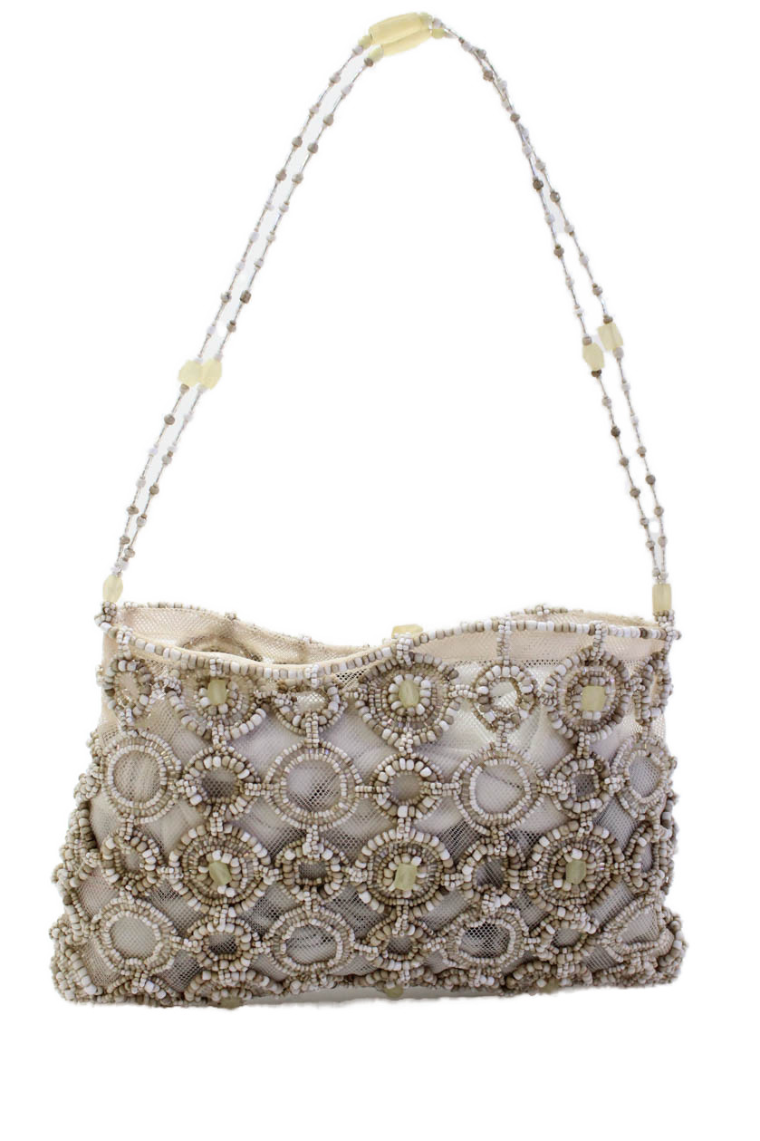 Maliparmi Womens Single Strap Beaded Mesh Small Shoulder Handbag White