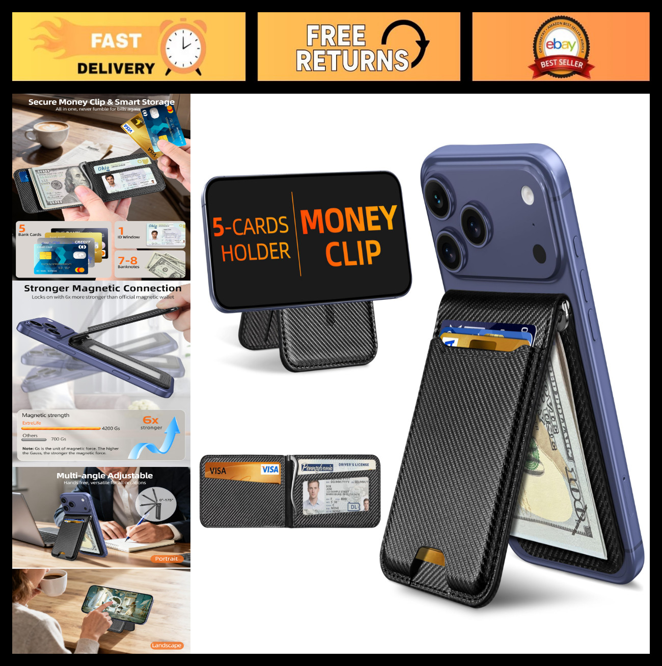 Magnetic Wallet with Money Clip for iPhone 17/16/15/14/13/12, ID Window, 5 Card